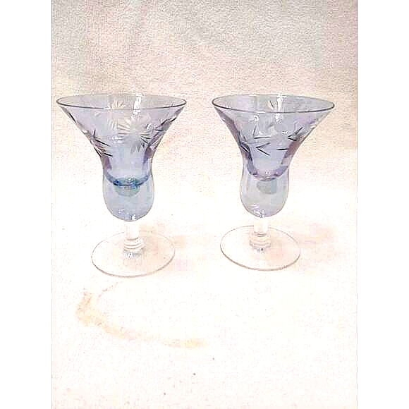 Murano Etched Cocktail Cordial Glasses 5" BLUE Barware Hand Blown Italy Antique - Picture 3 of 16